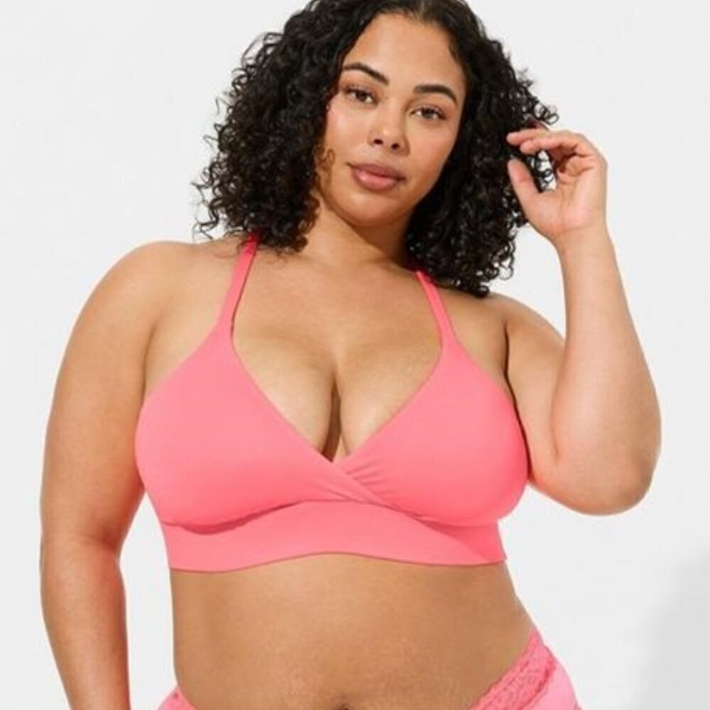 Torrid - Lightly Lined Microfiber Surplice Bralette in Neon Blush - Picture 12 of 14
